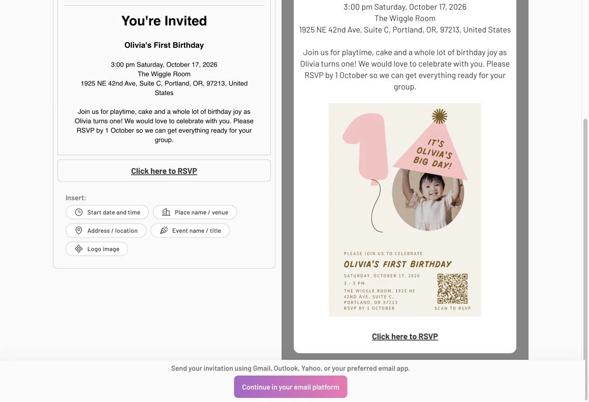 Invitation email editor with event-detail insert controls and a preview of the design and RSVP link