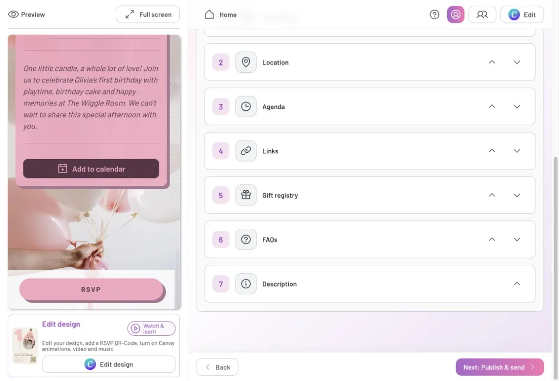 Section-order controls with Description moved below FAQs and visible at the end of the preview