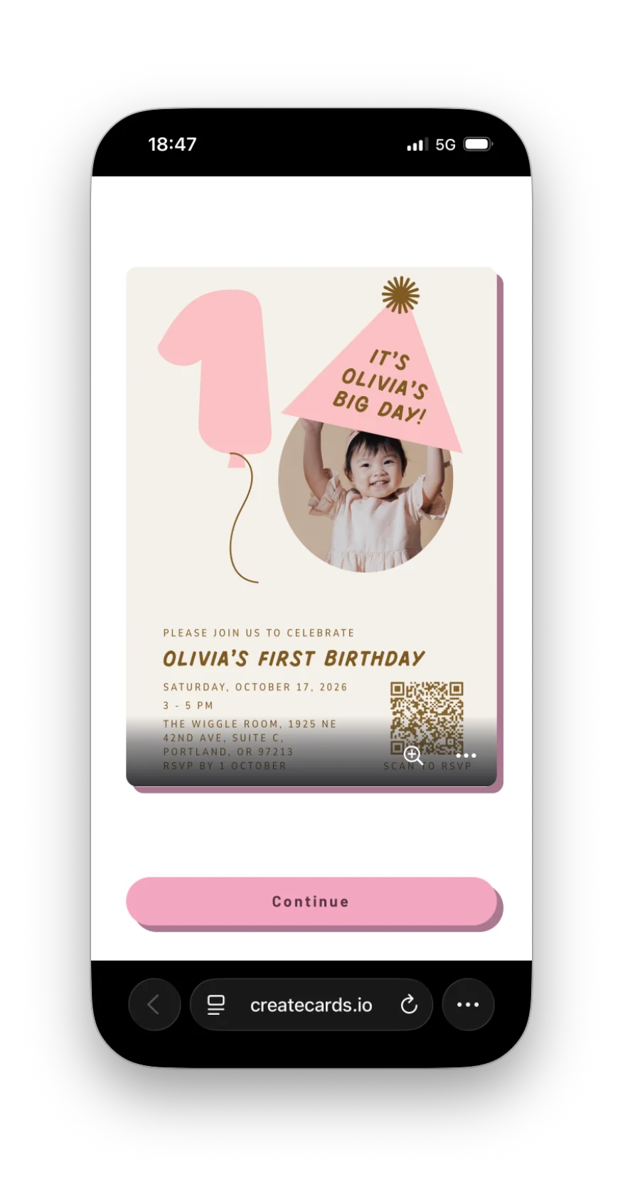 CreatEcards invitation opening screen in a phone browser, showing the design and Continue button