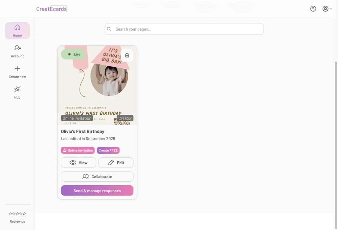 Dashboard invitation card with View, Edit, Collaborate and Send and manage responses