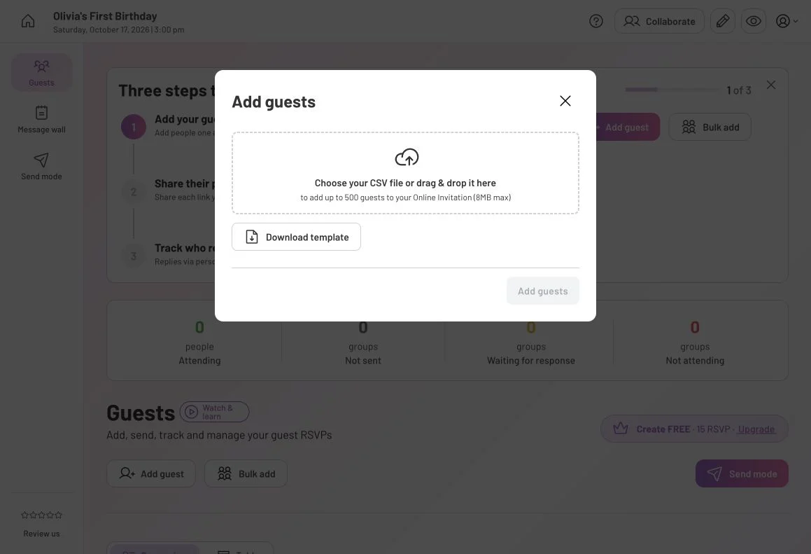 Bulk add window with a CSV upload area, Download template and Add guests controls