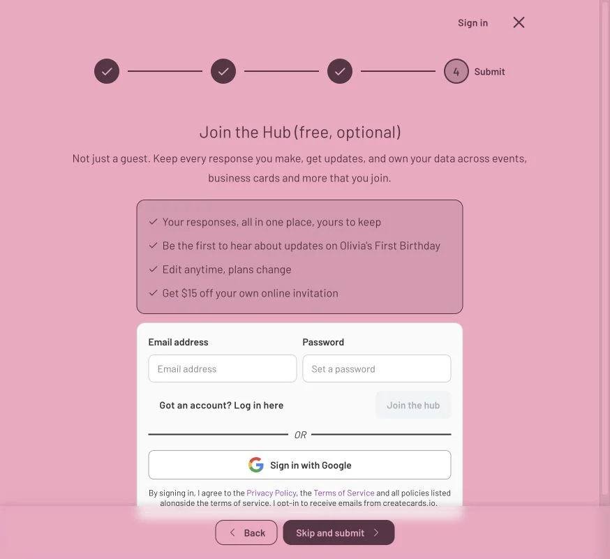 Optional Hub signup with a separate Skip and submit action