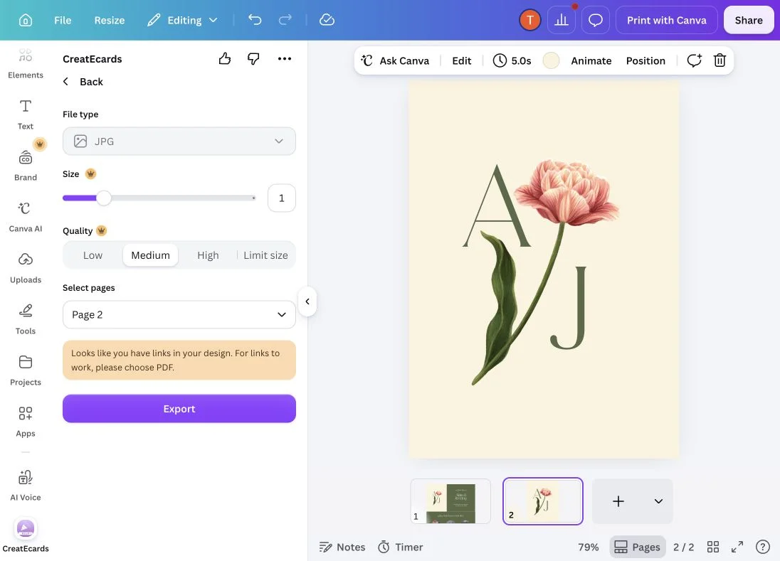 Canva export with JPG selected and Select pages set to Page 2 only
