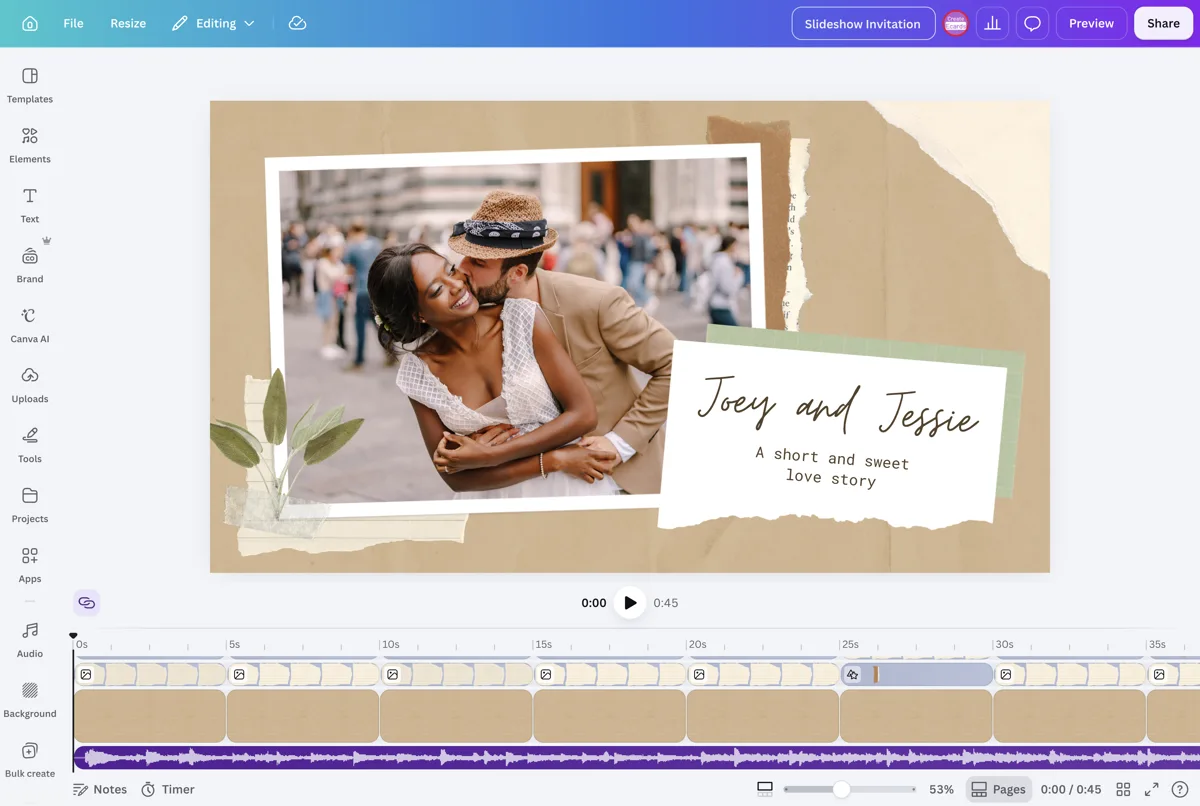 A slideshow invitation inside Canva with its timeline visible