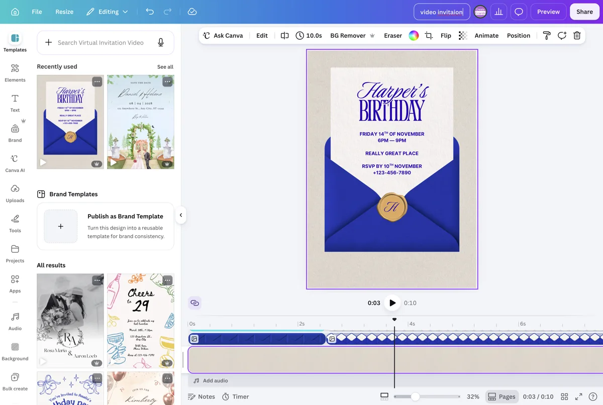 A video invitation inside Canva with its timeline visible