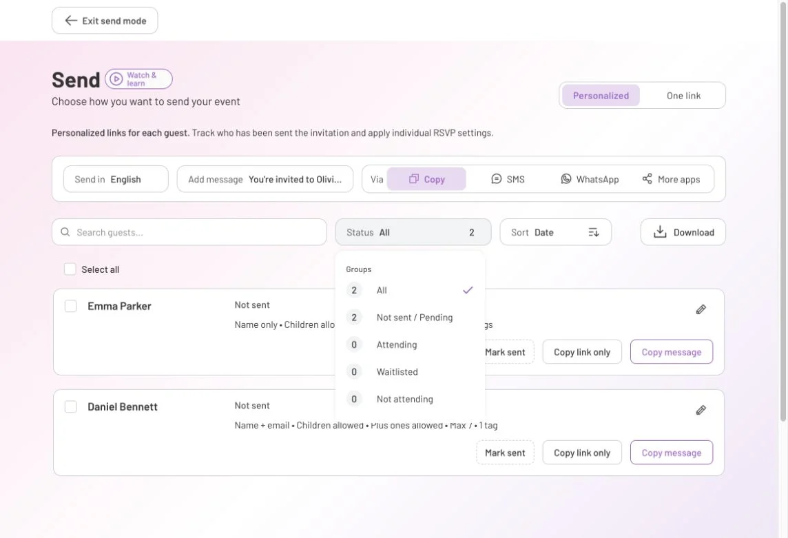 Personalized sending with the Status menu open, including Not sent / Pending and attendance statuses