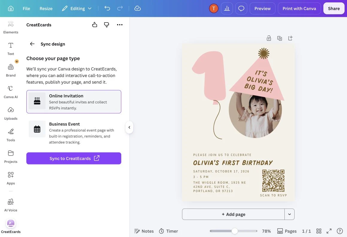 Online Invitation selected in the Canva app, above the Sync to CreatEcards button