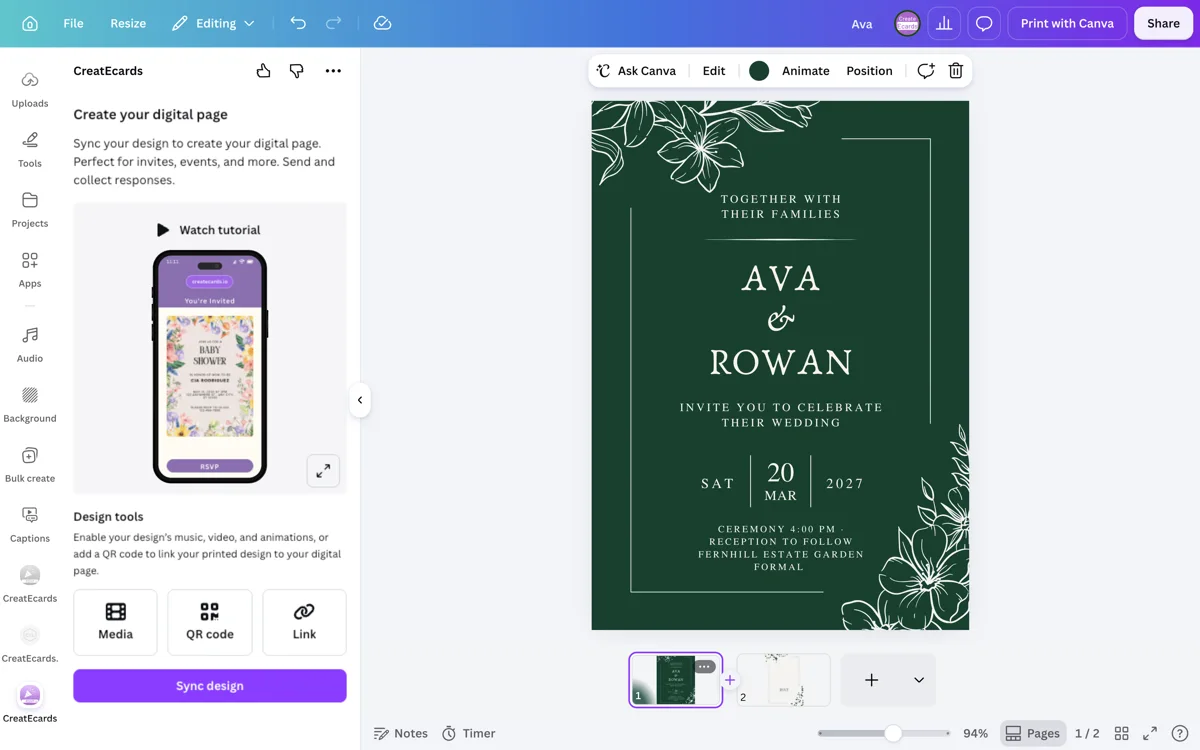 An invitation inside Canva with the Animate control visible