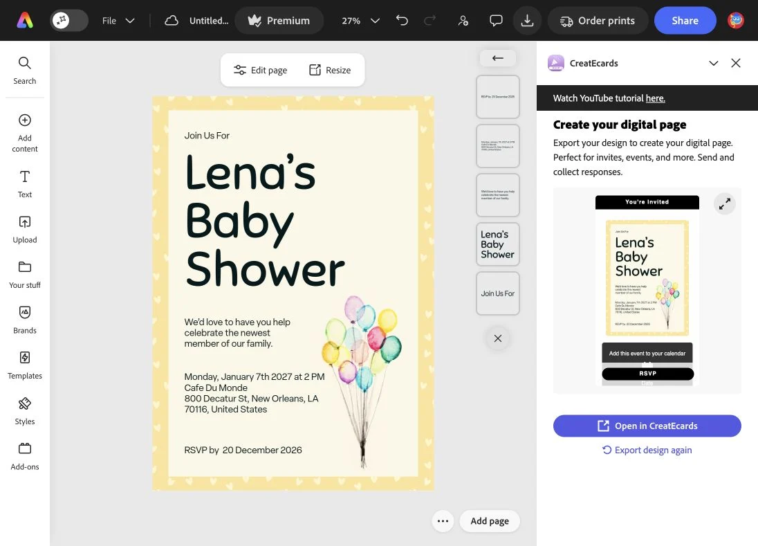 Successful Adobe Express export with Open in CreatEcards as the next action