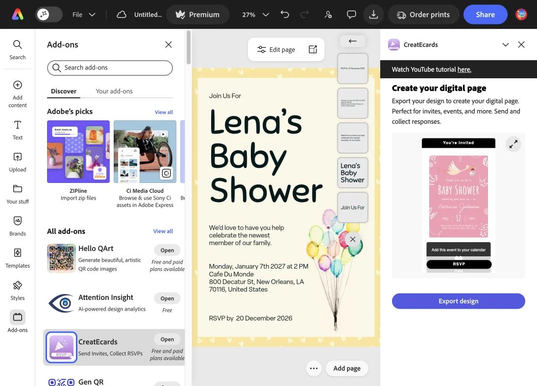 Adobe Express with the CreatEcards listing under Add-ons and its panel open beside Lena’s Baby Shower design