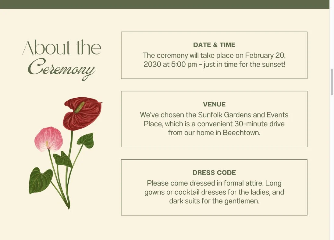 Canva event website presenting the ceremony date, venue and dress code in bordered panels