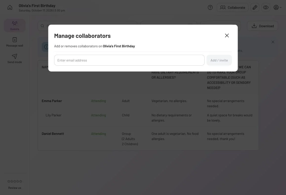Manage collaborators dialog with an email field and Add invite button