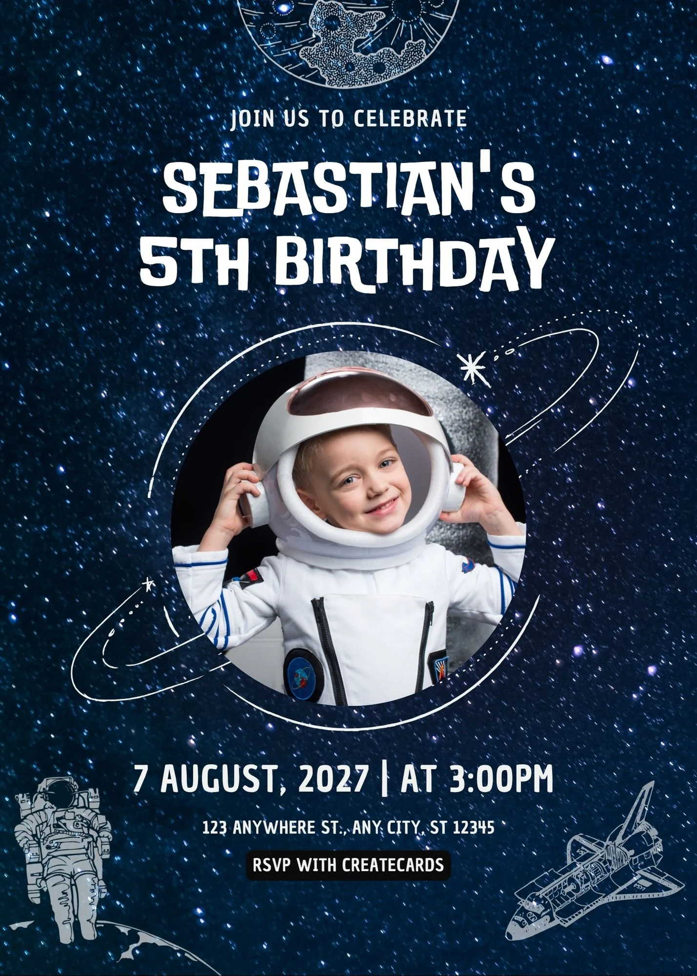 Space birthday invitation designed in Canva