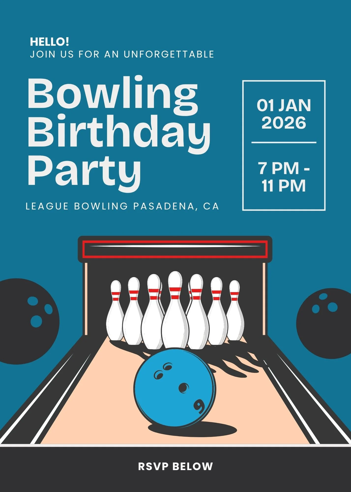 Bowling birthday invitation designed in Canva