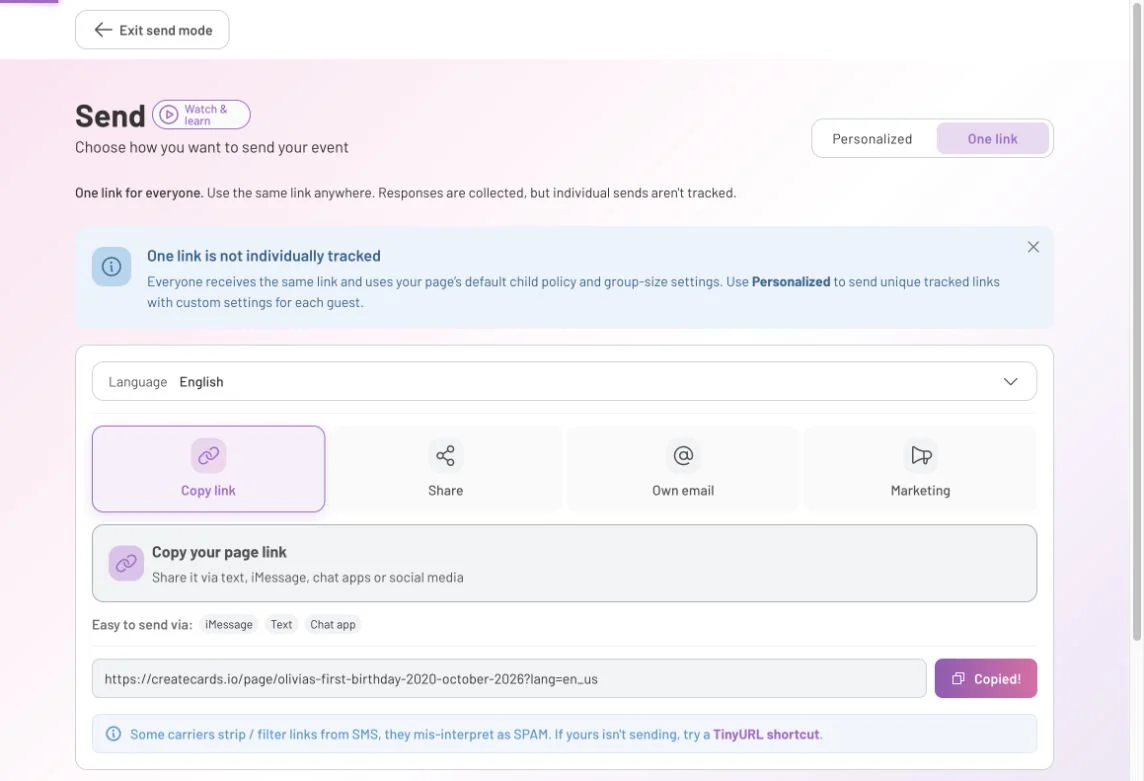 One link selected, showing its default-settings explanation, language selector and Copy link control