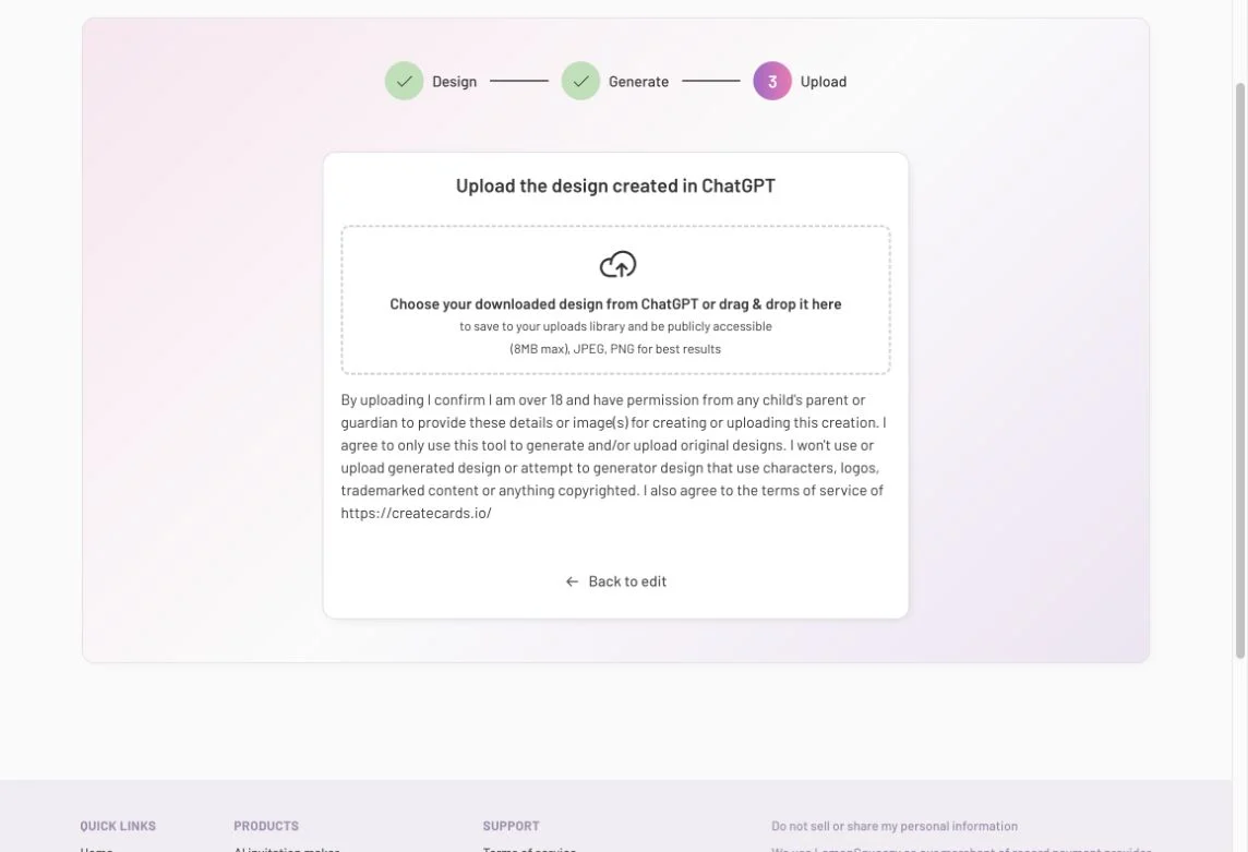 The Upload stage with a file selection and drag-and-drop area, recommending JPEG or PNG files up to 8MB