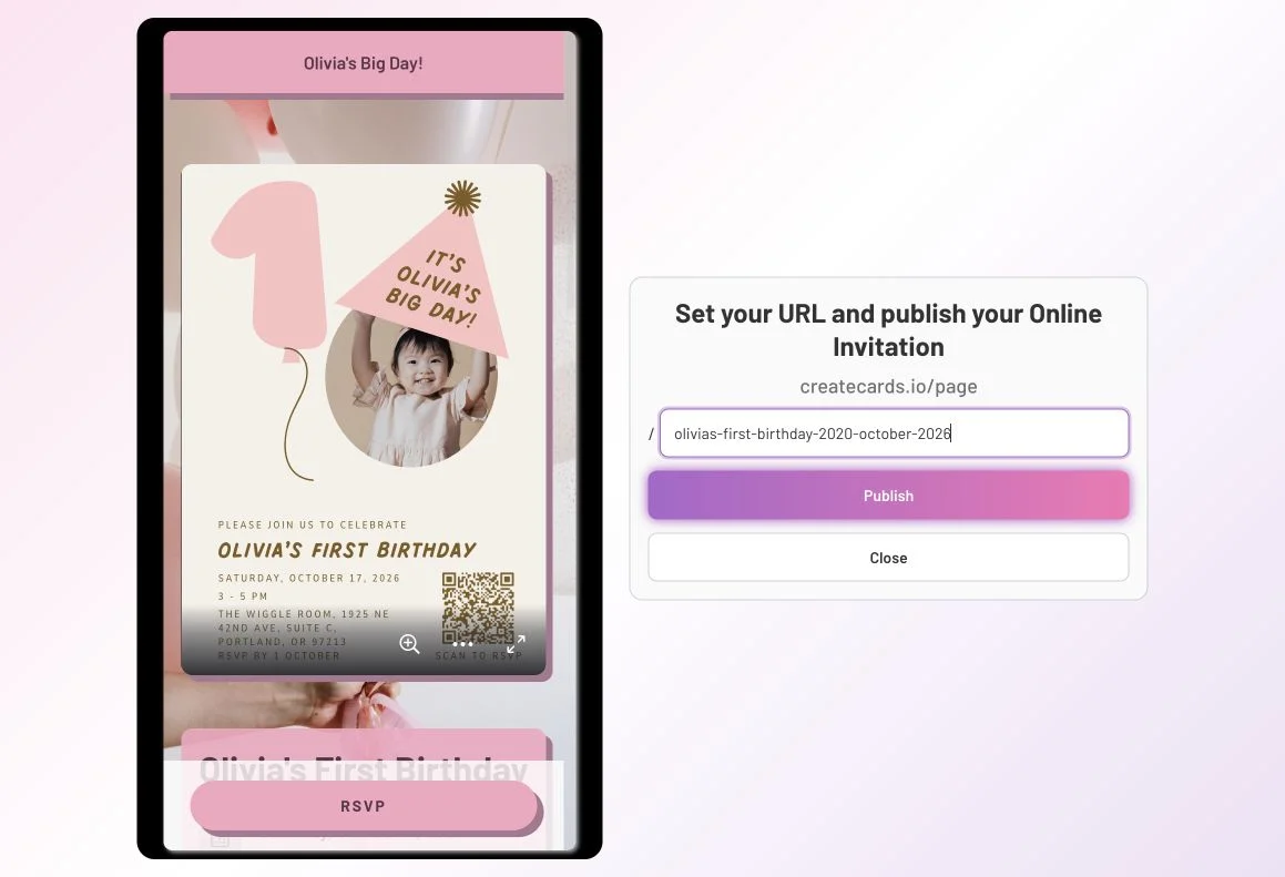 First-publish window with an editable invitation address and Publish button