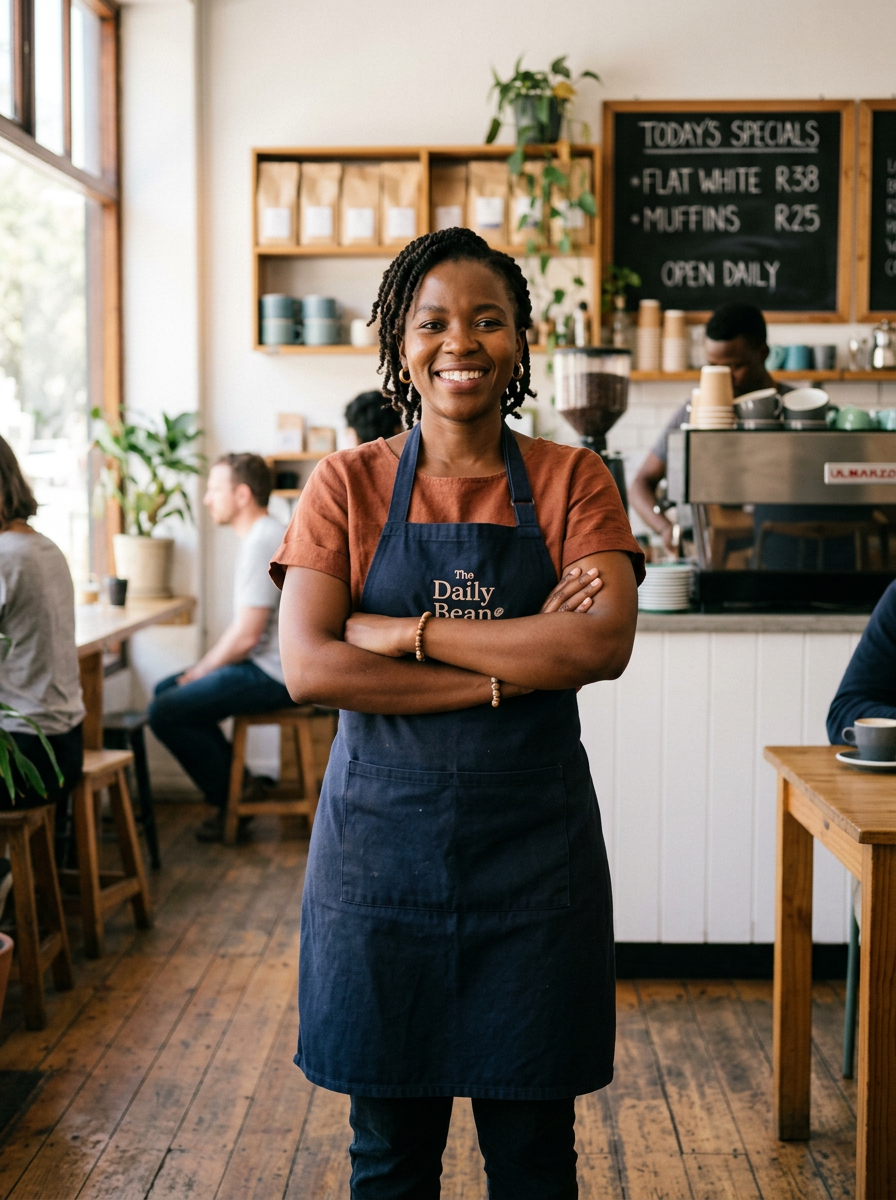 Smiling South African café owner in her shop