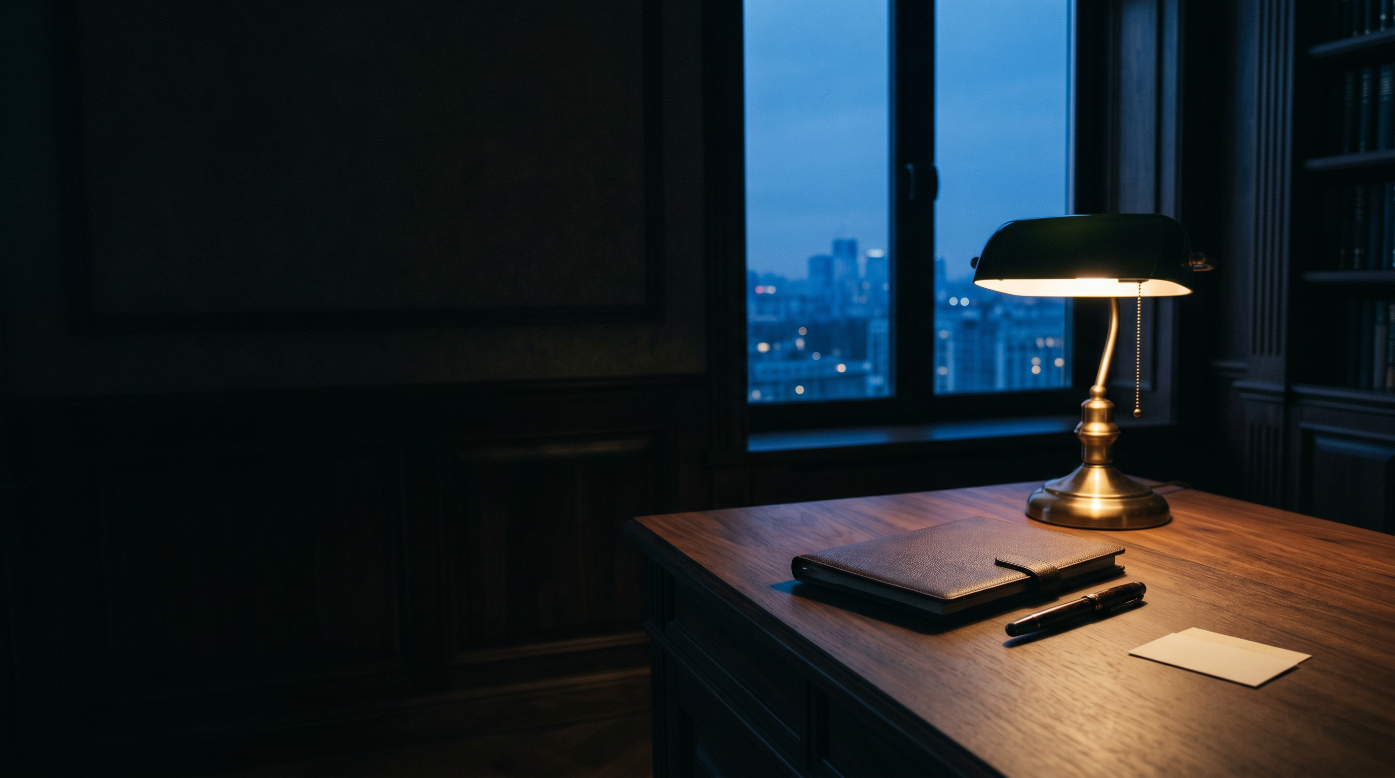 A quiet executive desk at dusk with a warm brass lamp, leather portfolio, and a calling card