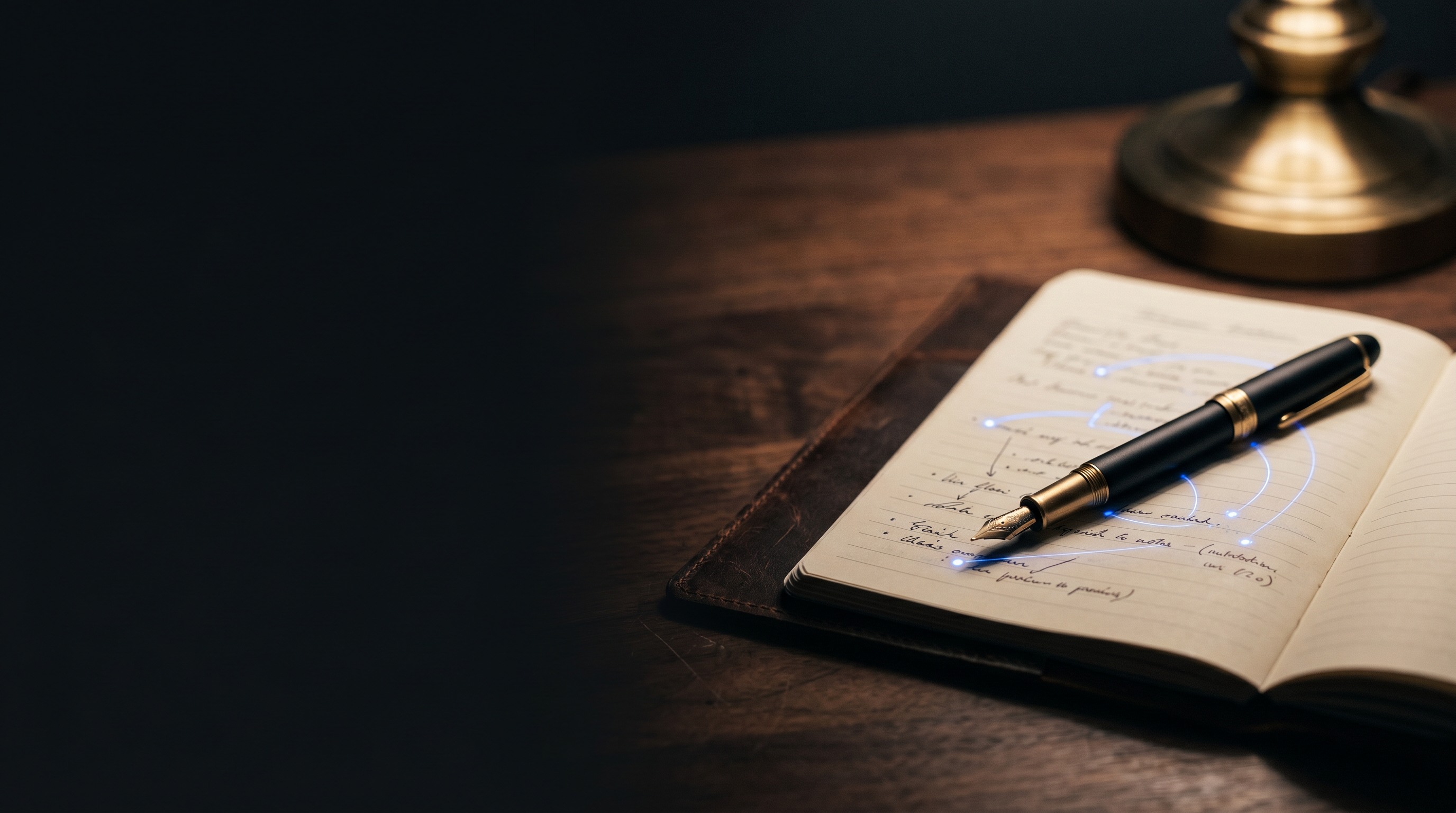A black-and-brass fountain pen on an open journal with faint cobalt idea-lines under a warm brass lamp