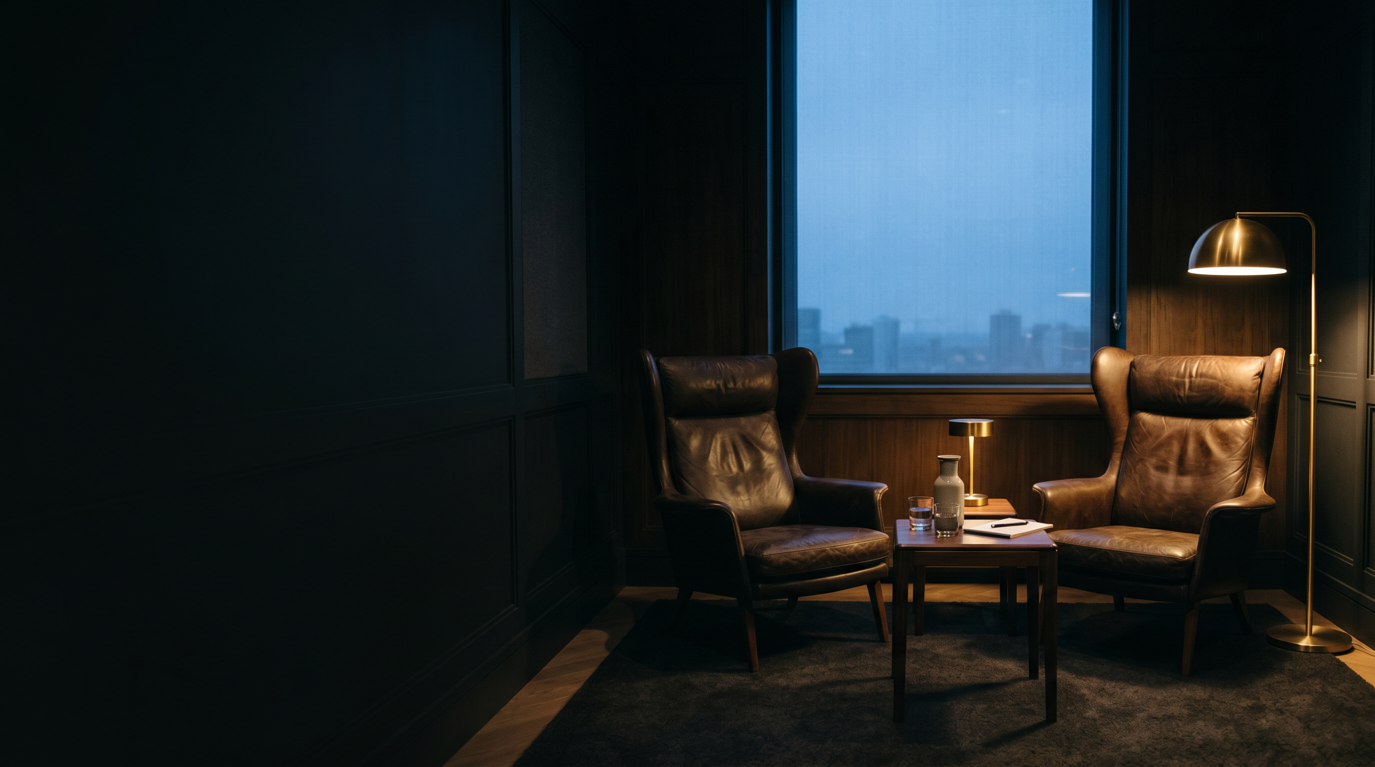 Two facing leather chairs lit by a warm brass lamp in a quiet dark room, evoking a confidential one-to-one conversation