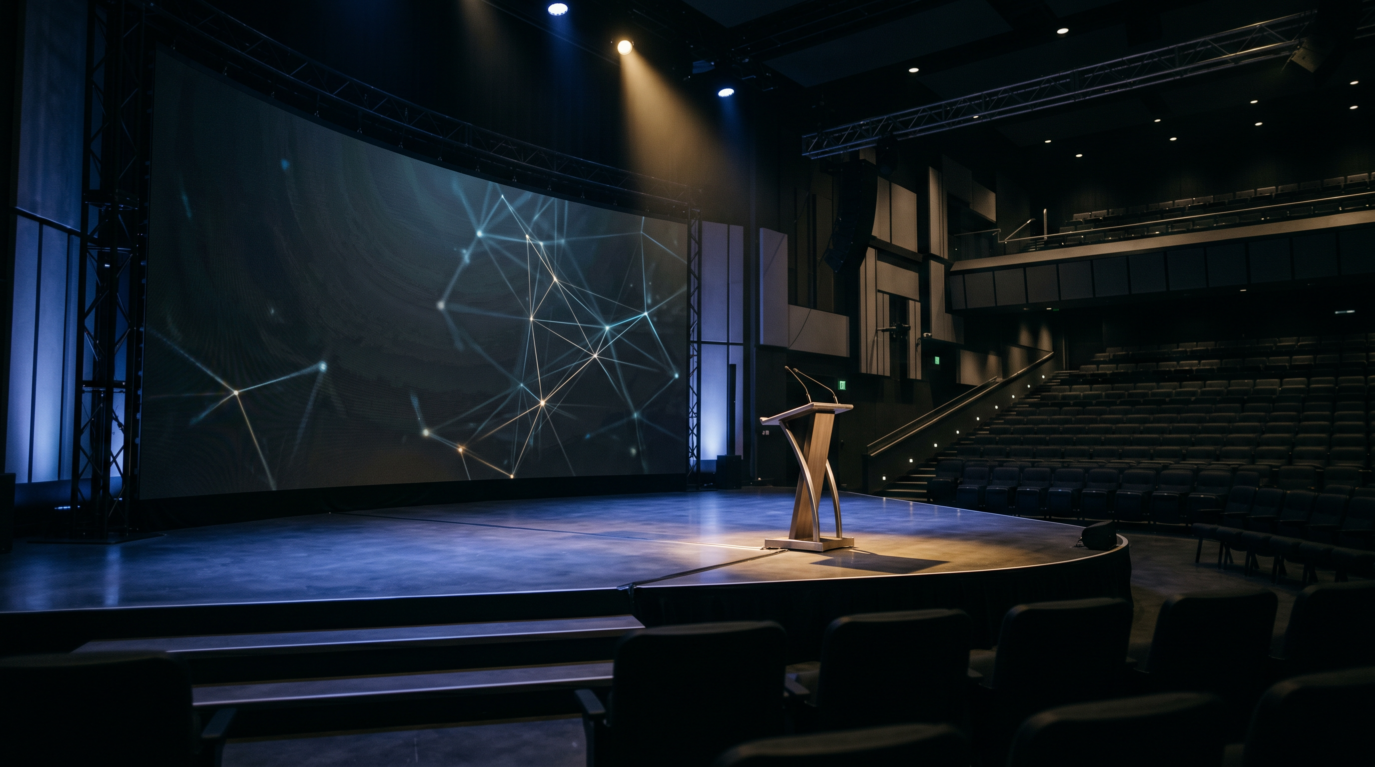 An empty keynote stage under a warm spotlight before a talk