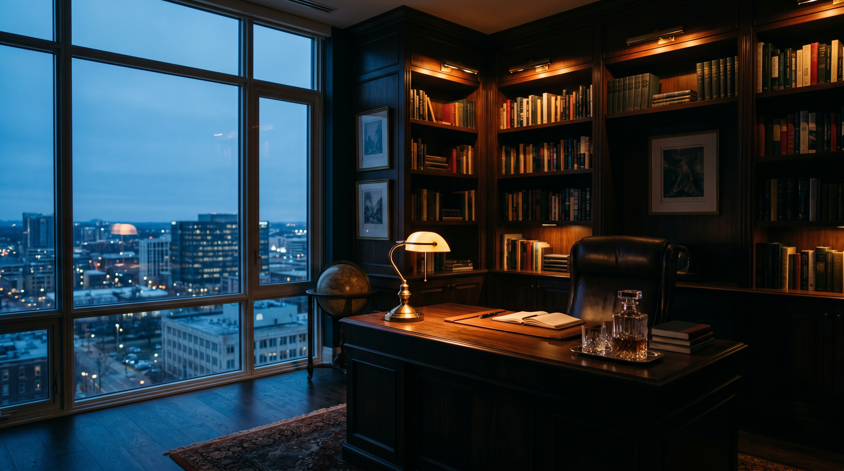 A private executive study at dusk overlooking a city skyline