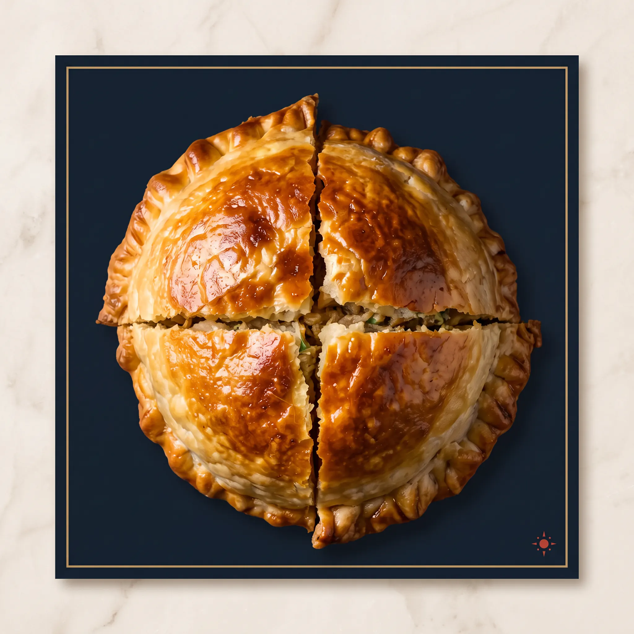 Empanada dorada sobre pizarra oscura