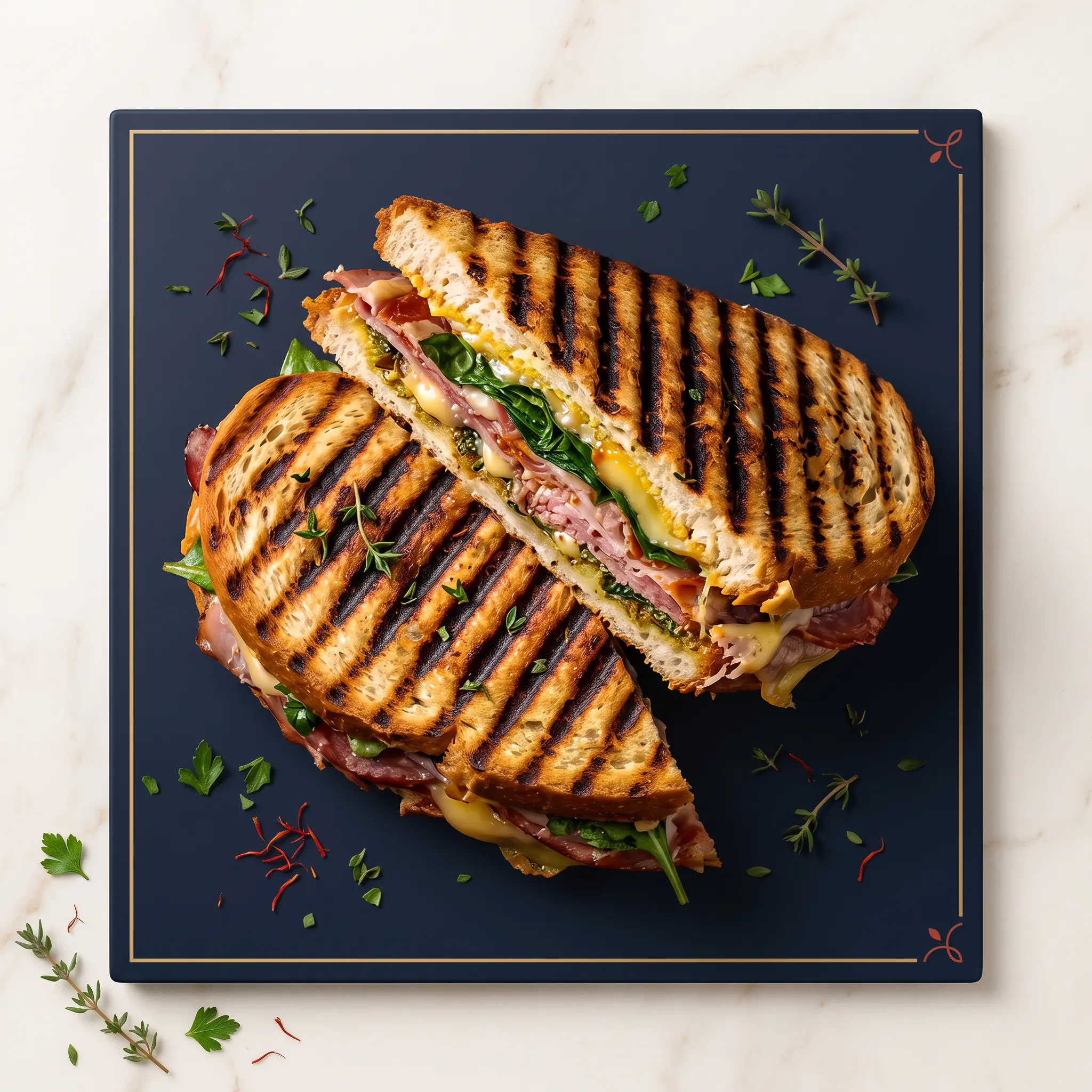 Panini prensado con marcas de parrilla sobre pizarra oscura