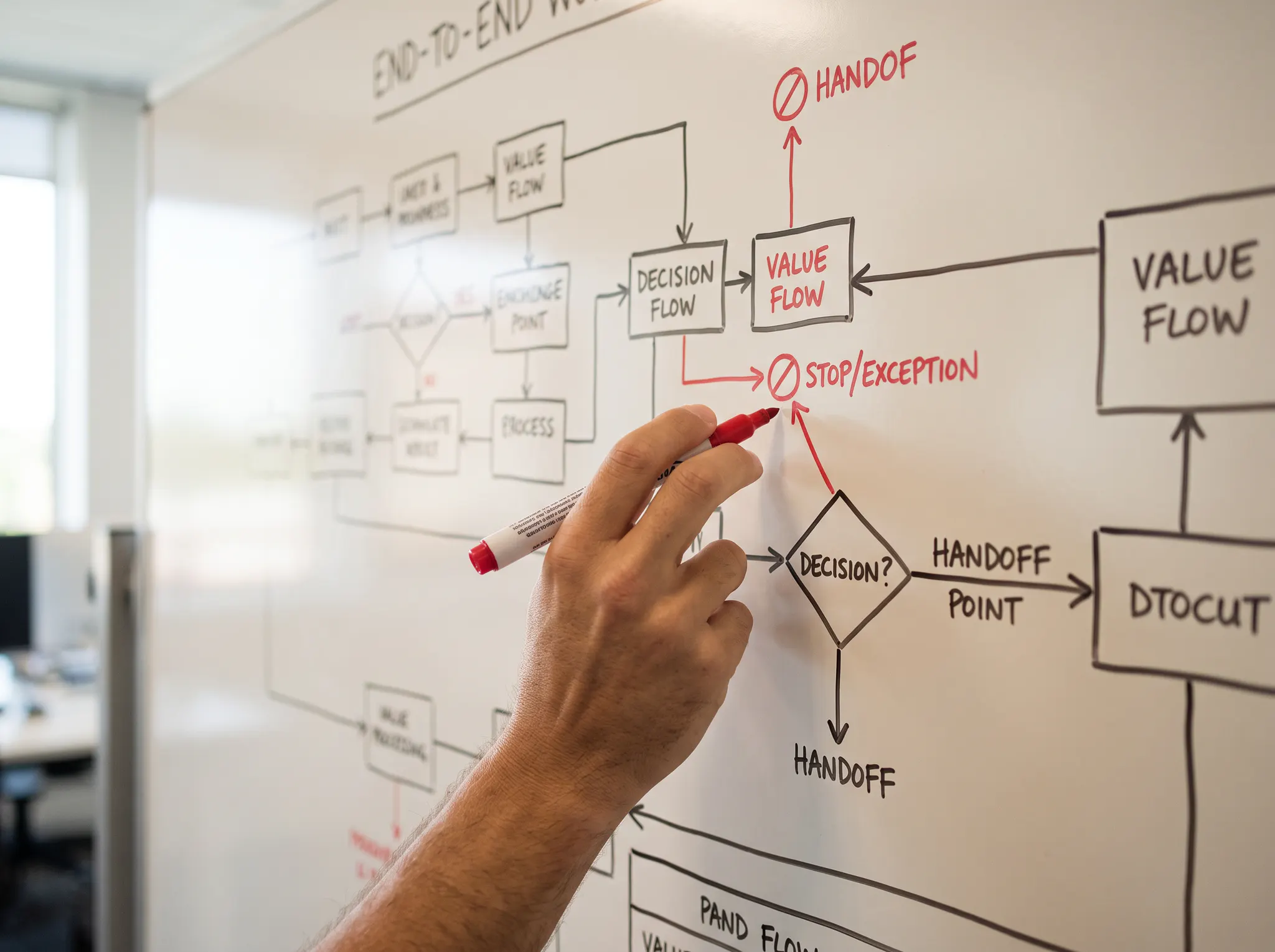 A hand marking exceptions and handoffs on a workflow map
