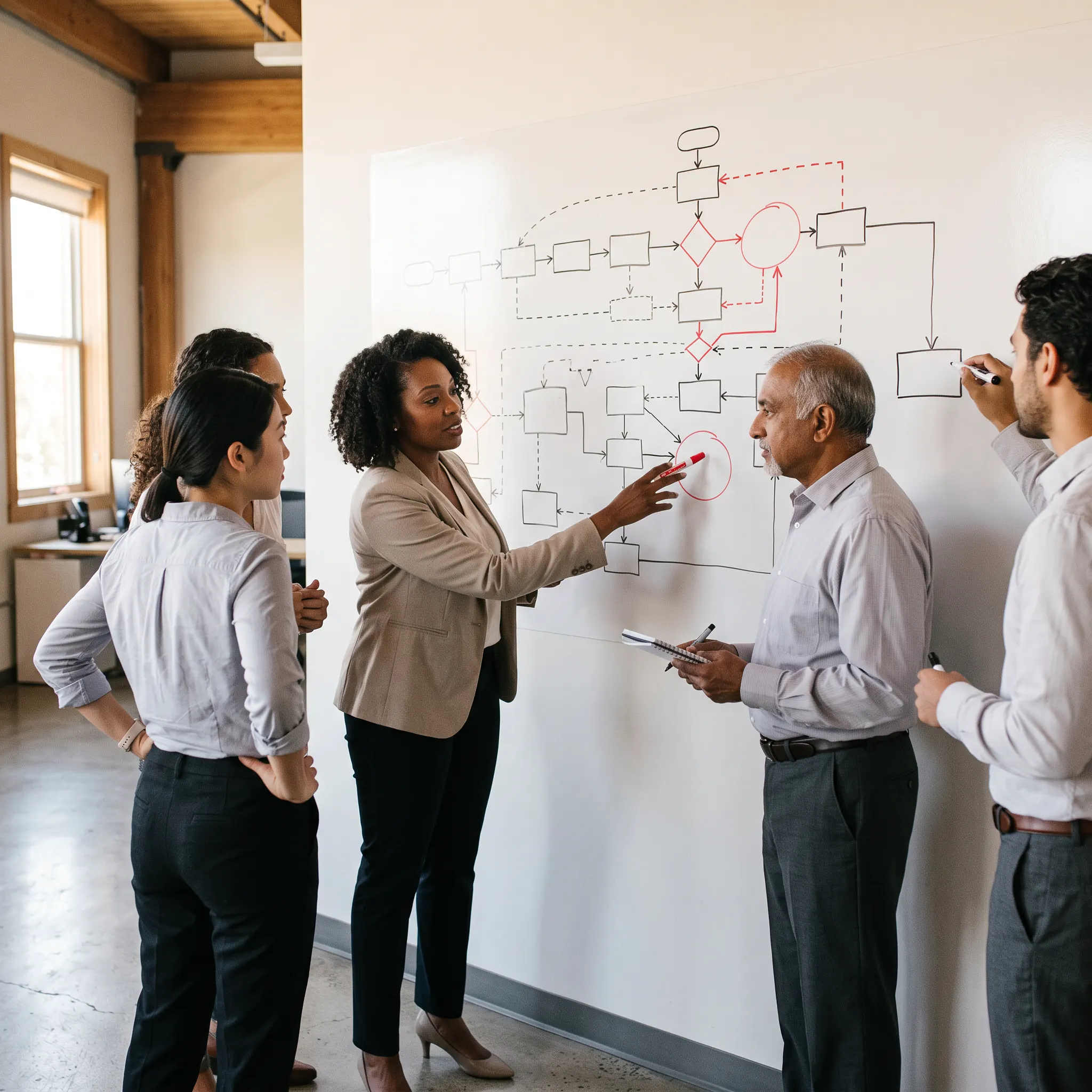 A cross-functional team mapping an end-to-end workflow on a whiteboard