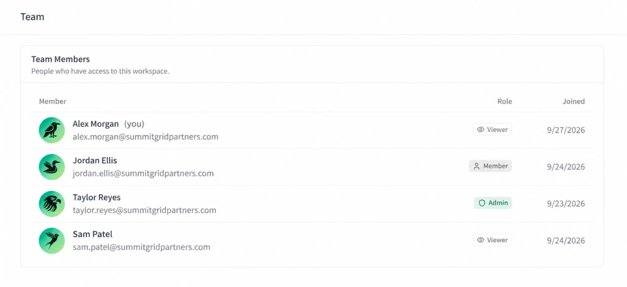 HillStar workspace team list showing each member with an Admin, Member or Viewer role