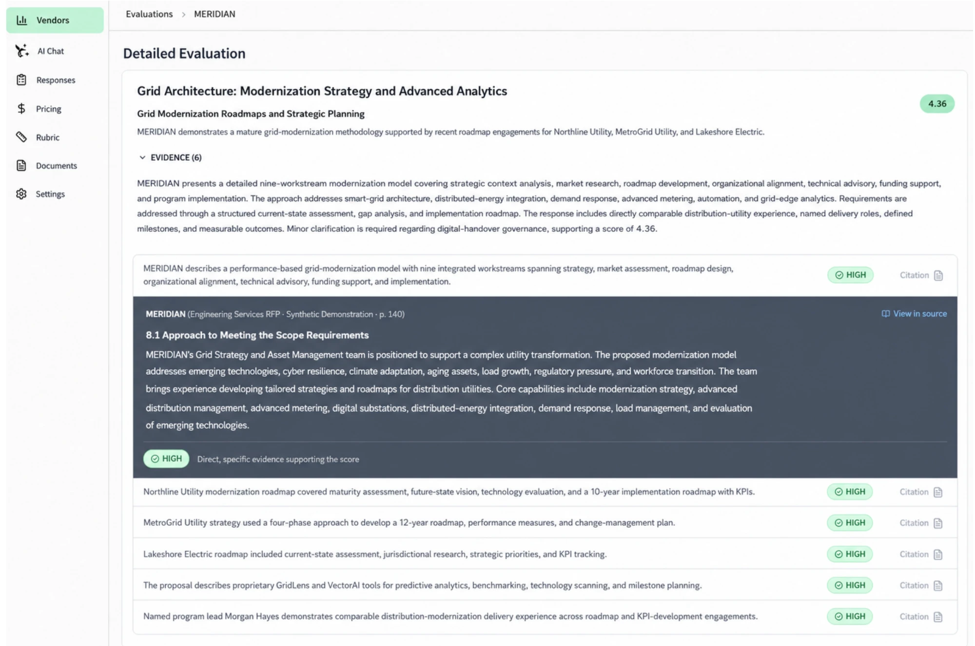 HillStar detailed evaluation of one vendor's grid architecture response, with six cited pieces of evidence