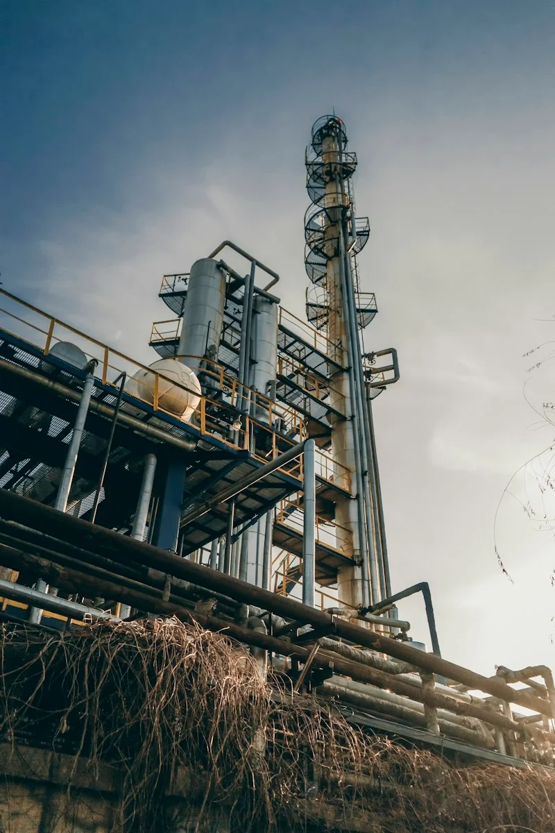 Process towers and piping at a gas facility