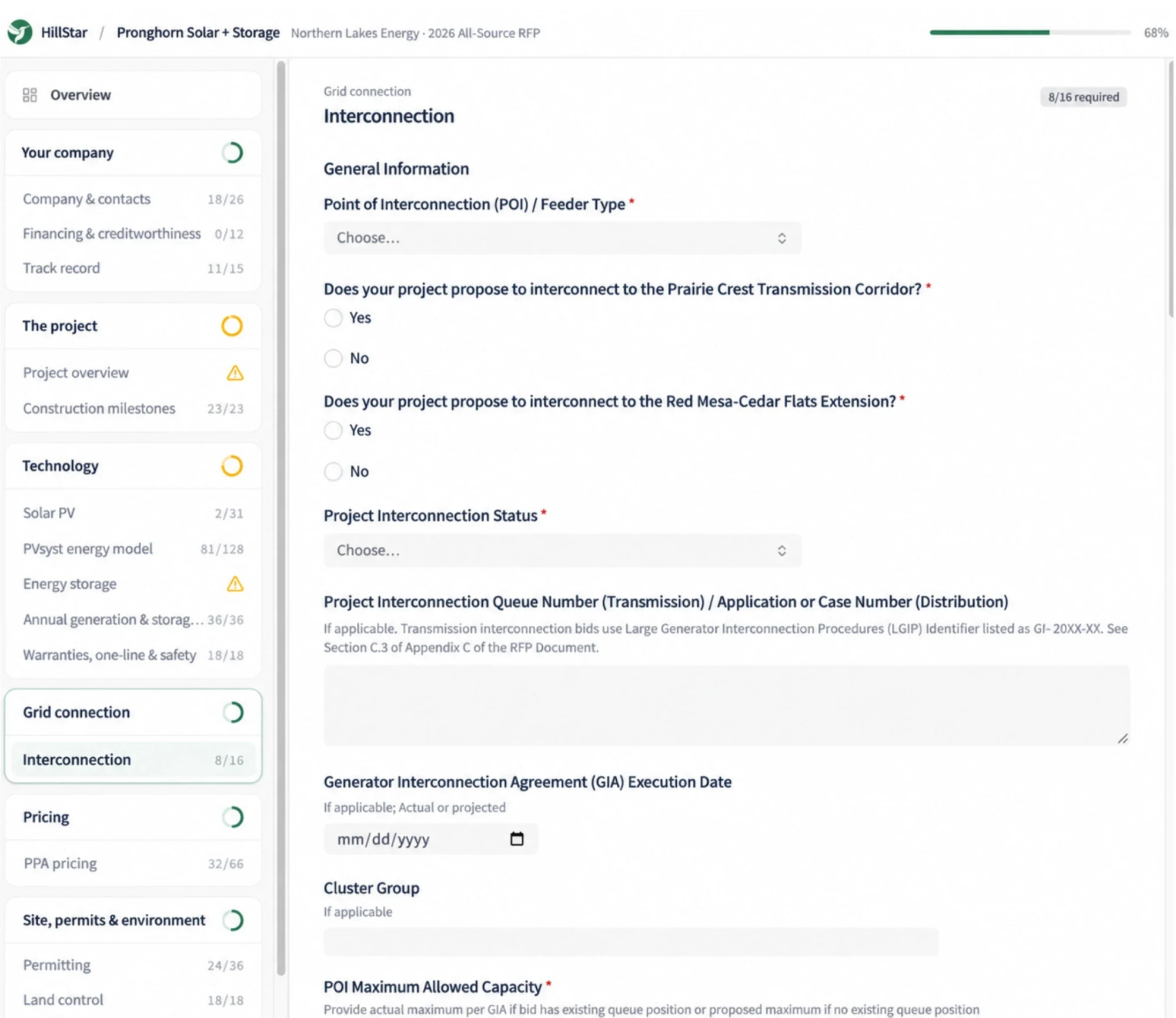 HillStar bidder response portal for an all-source RFP, showing section progress and Interconnection