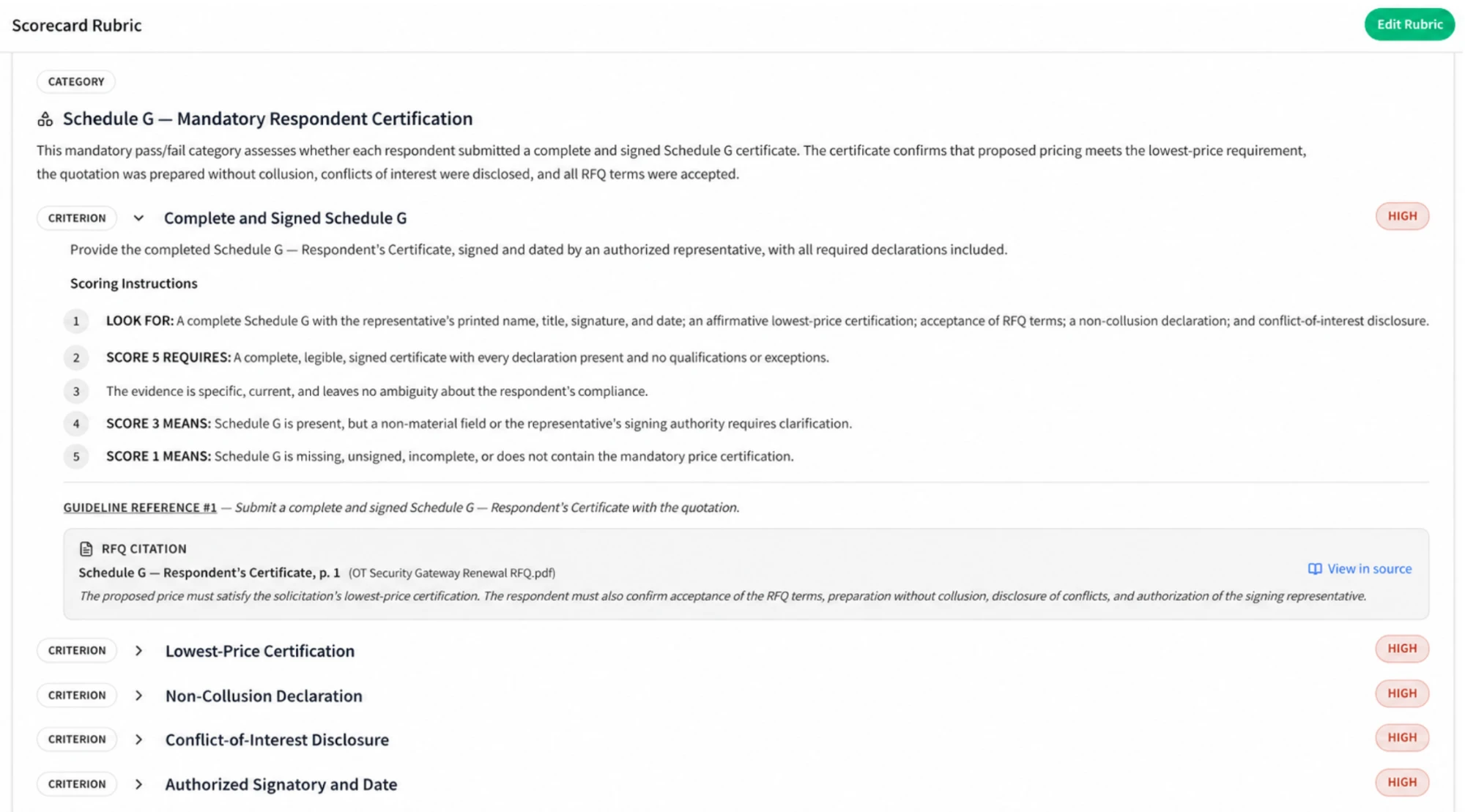 HillStar scorecard rubric for the Schedule G mandatory respondent certification, with scoring instructions and the cited RFQ clause