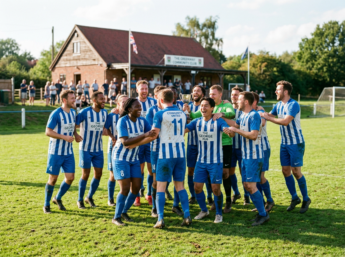 A grassroots community football team celebrating a win with a trophy outside their clubhouse