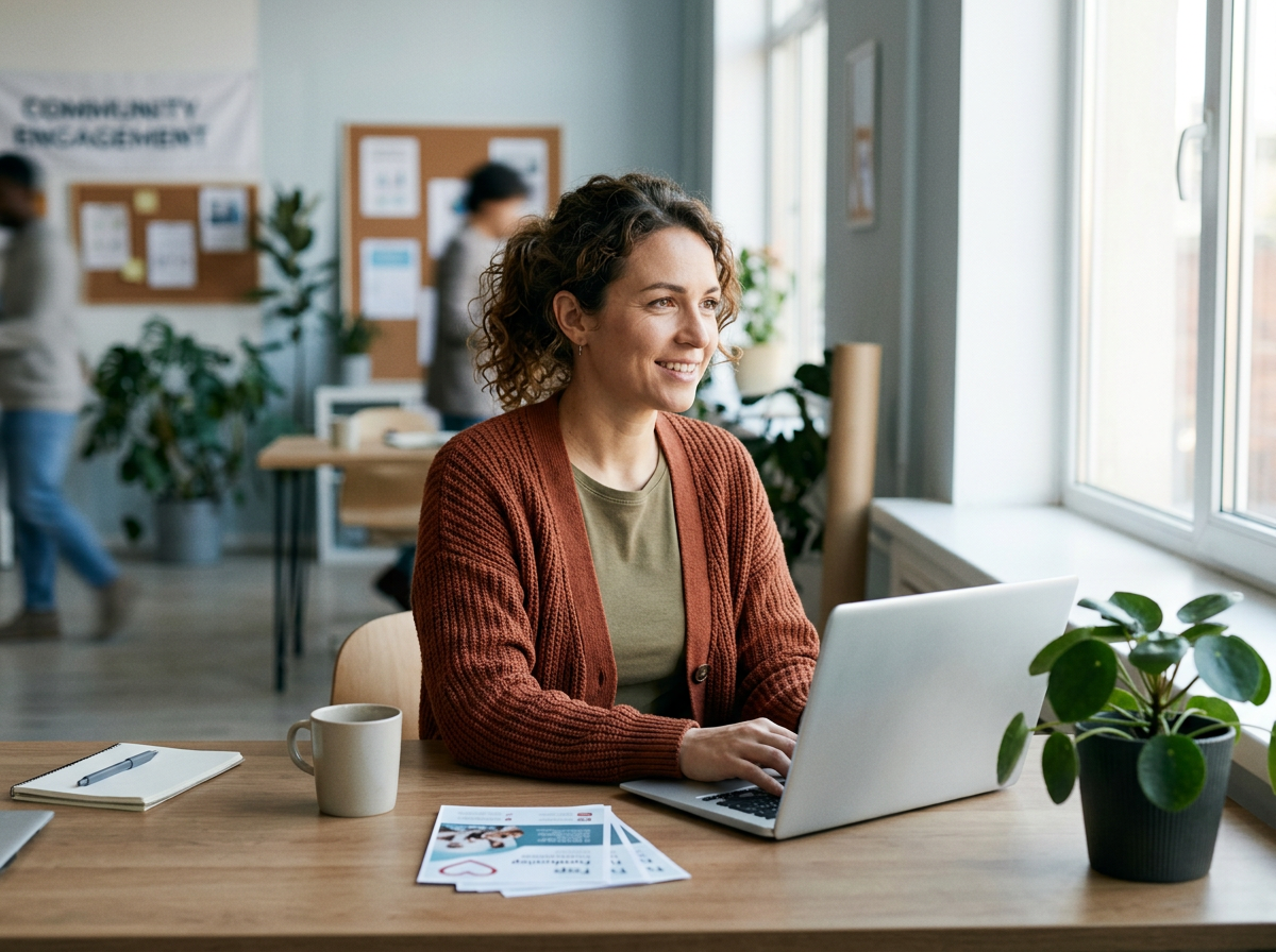 Charity coordinator managing members on a laptop