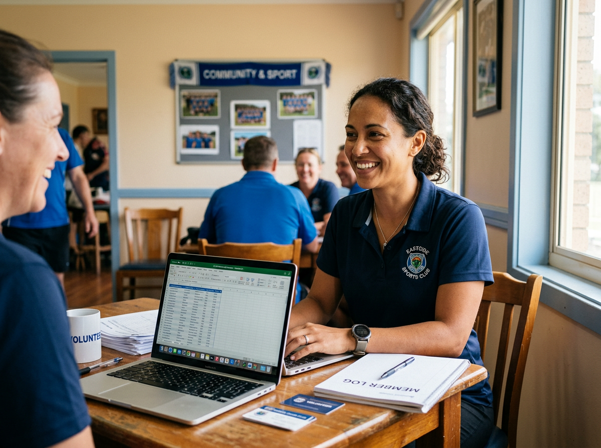 A club volunteer in a branded polo shirt organising memberships on a laptop at a clubhouse table