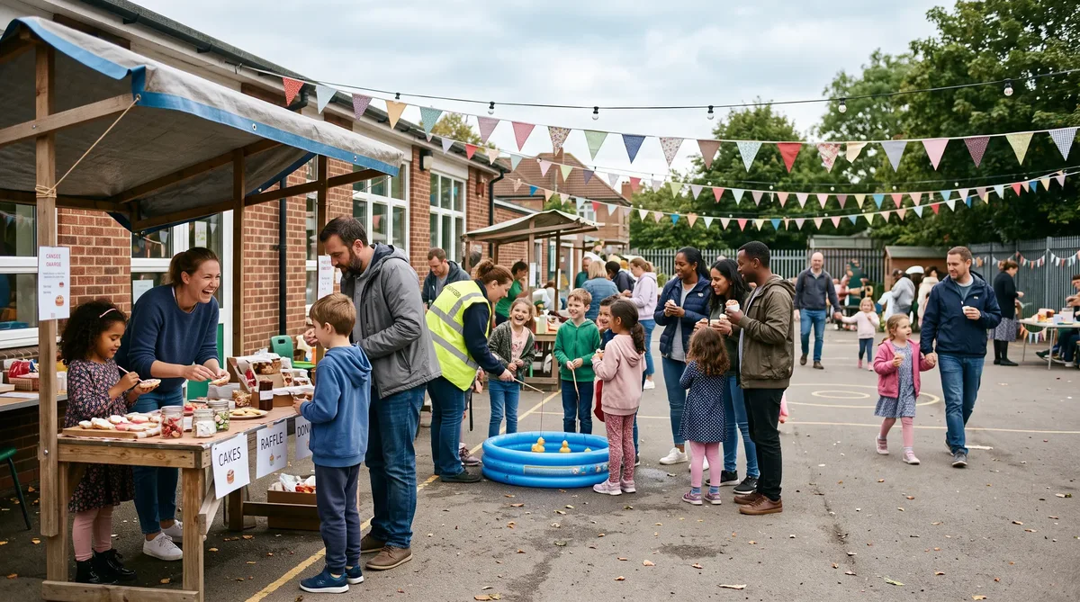 Families and PTA volunteers at a school summer fair