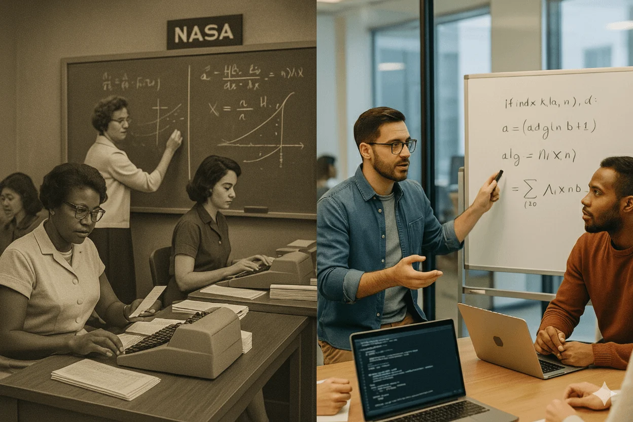 Historical and modern computing imagery accompanying From Human Computers to AI Collaborators