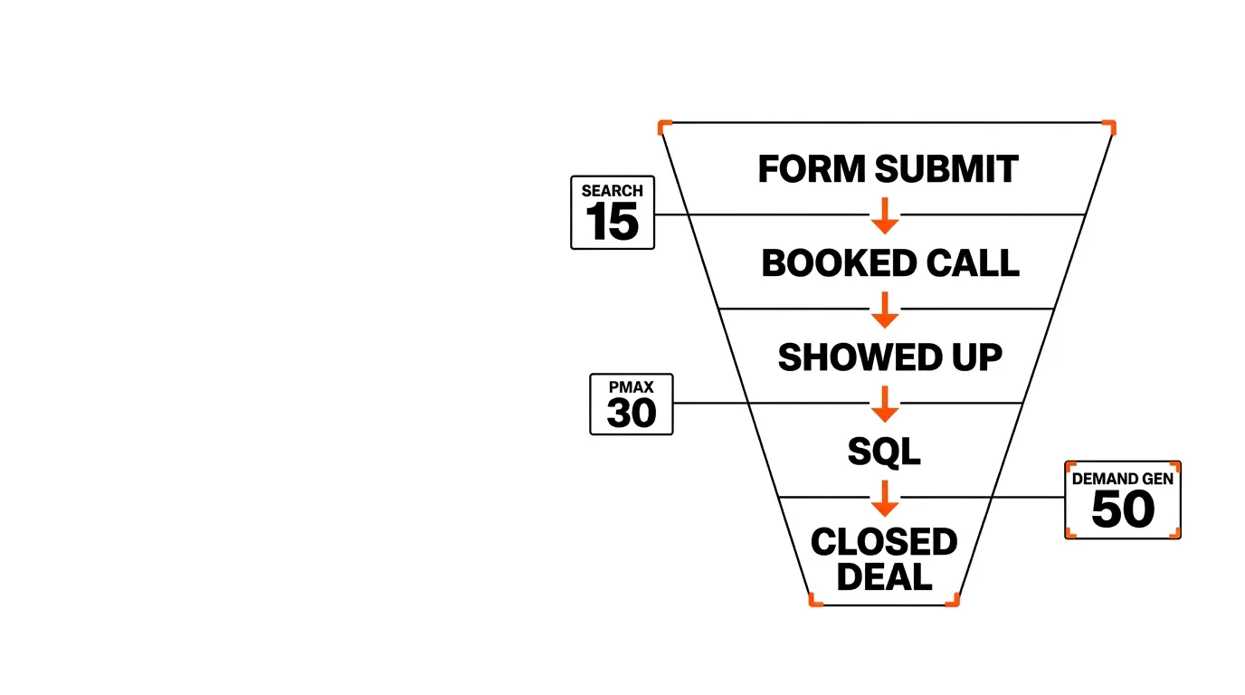 Google Ads conversion action funnel showing form submit, booked call, showed up, SQL, and closed deal against Search, PMax, and Demand Gen volume thresholds