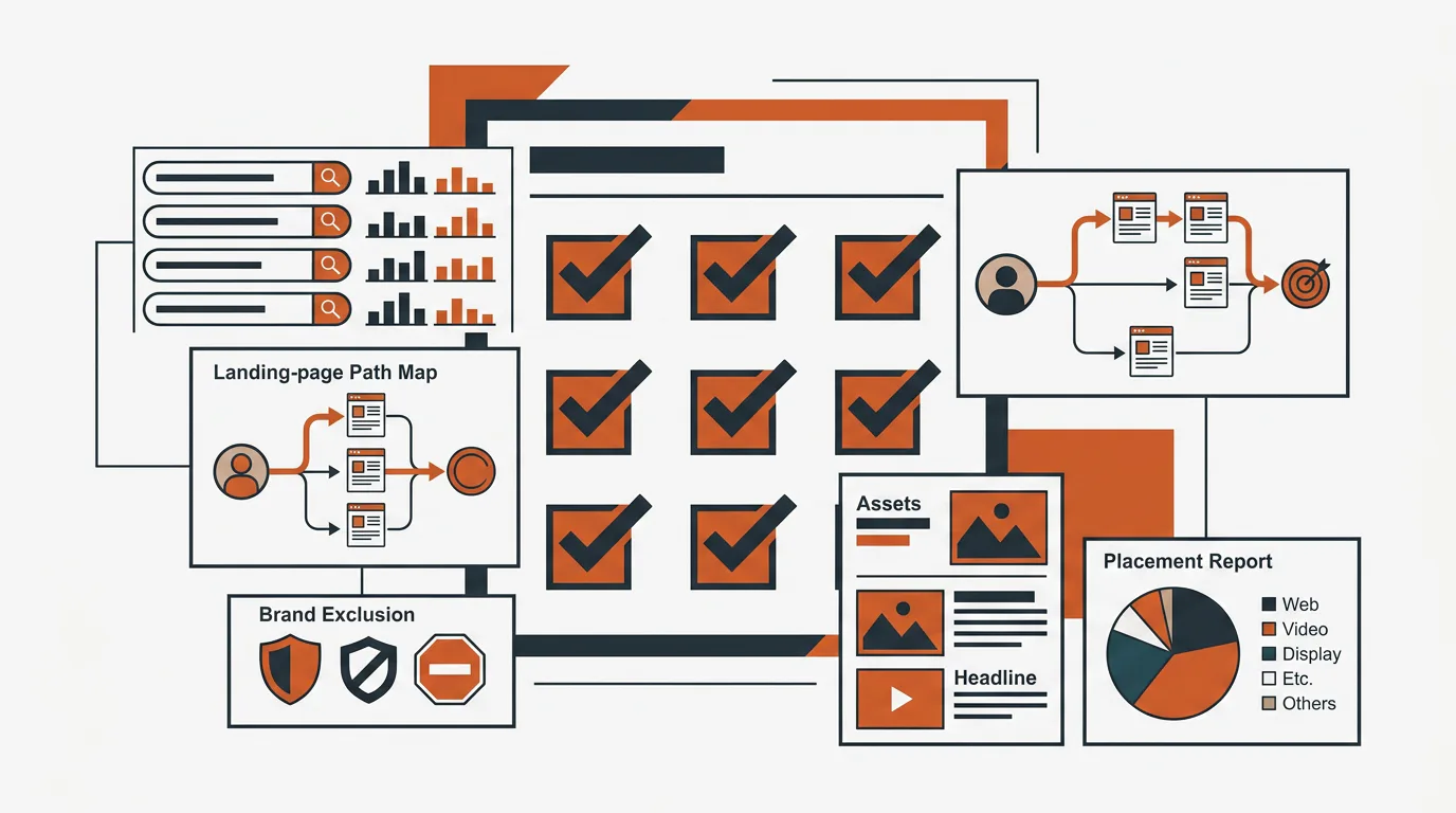Performance Max audit checklist showing search themes, landing-page paths, brand exclusions, assets, placements, and conversion-signal checks