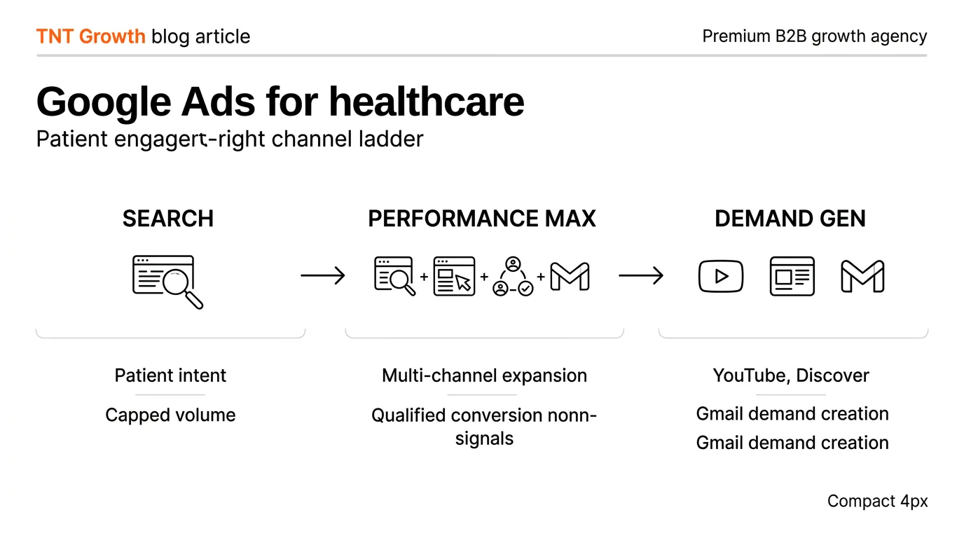Google Ads for healthcare scaling ladder from Search to Performance Max to Demand Gen
