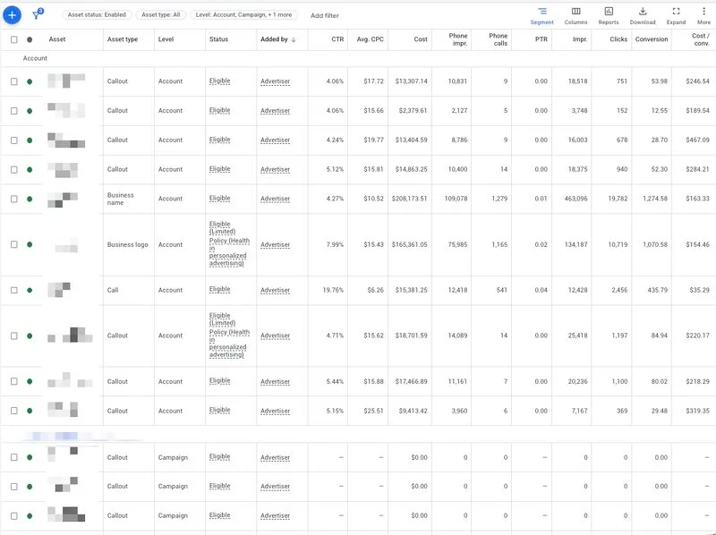 Google Ads assets checklist showing account and campaign-level callout, business name, logo, and call asset performance