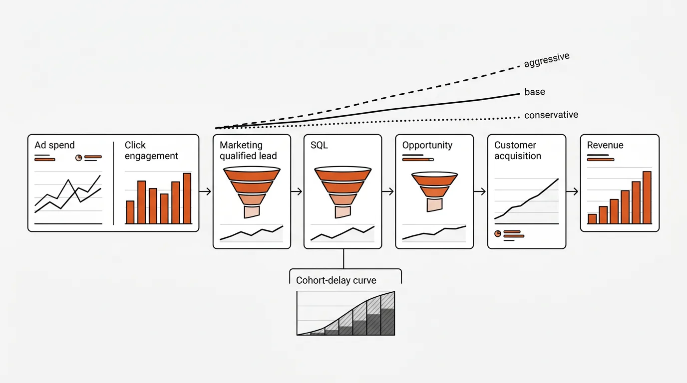 Marketing forecasting model connecting ad spend, qualified leads, opportunities, customers, revenue, cohort delay, and three planning scenarios