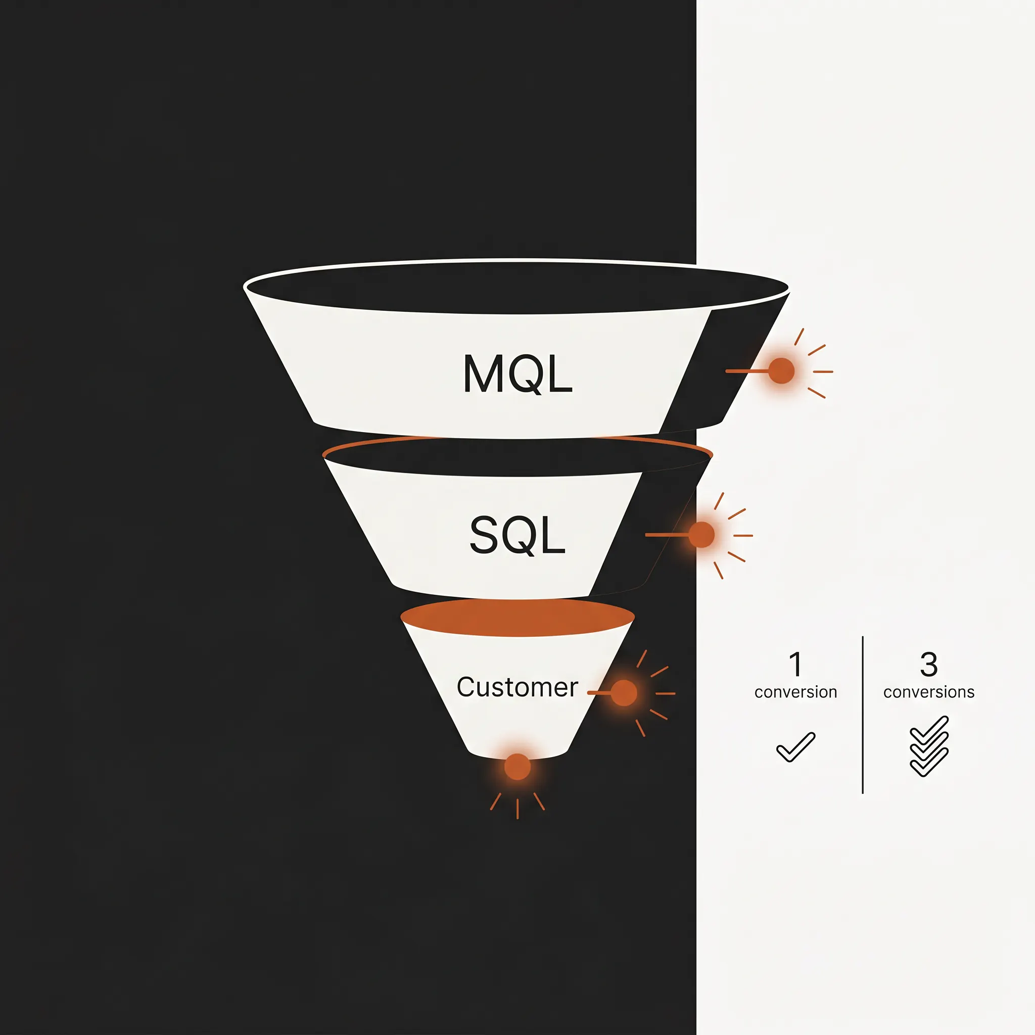 Marketing funnel split into MQL, SQL, and Customer stages with a conversion signal firing at each stage, next to a comparison of one conversion versus three conversions