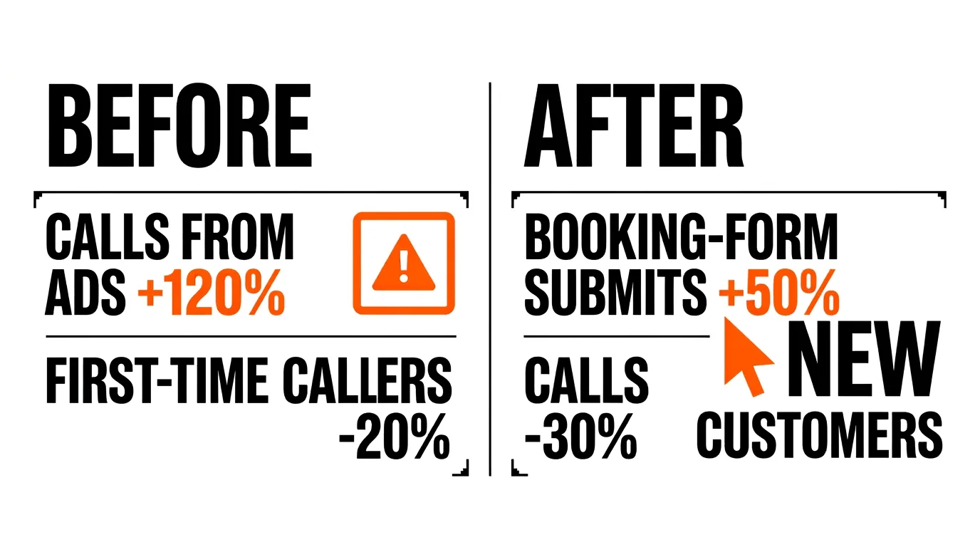 Google Ads call tracking case study showing calls from ads up 120 percent while first-time callers fell 20 percent, followed by booking-form submits up 50 percent after the bidding fix