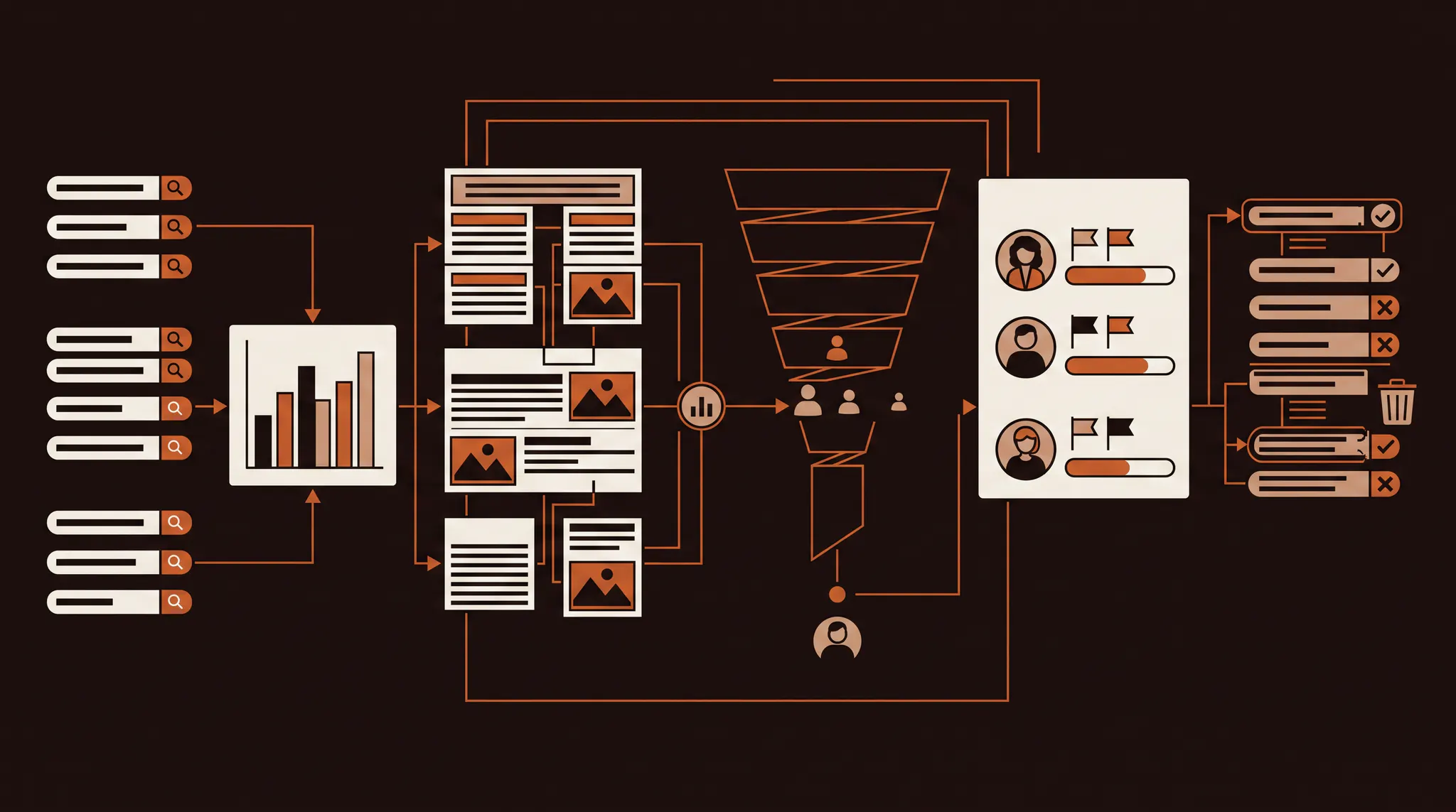 Competitor Google Ads campaign map connecting target selection, dedicated landing pages, CRM measurement, and negative keyword filtering