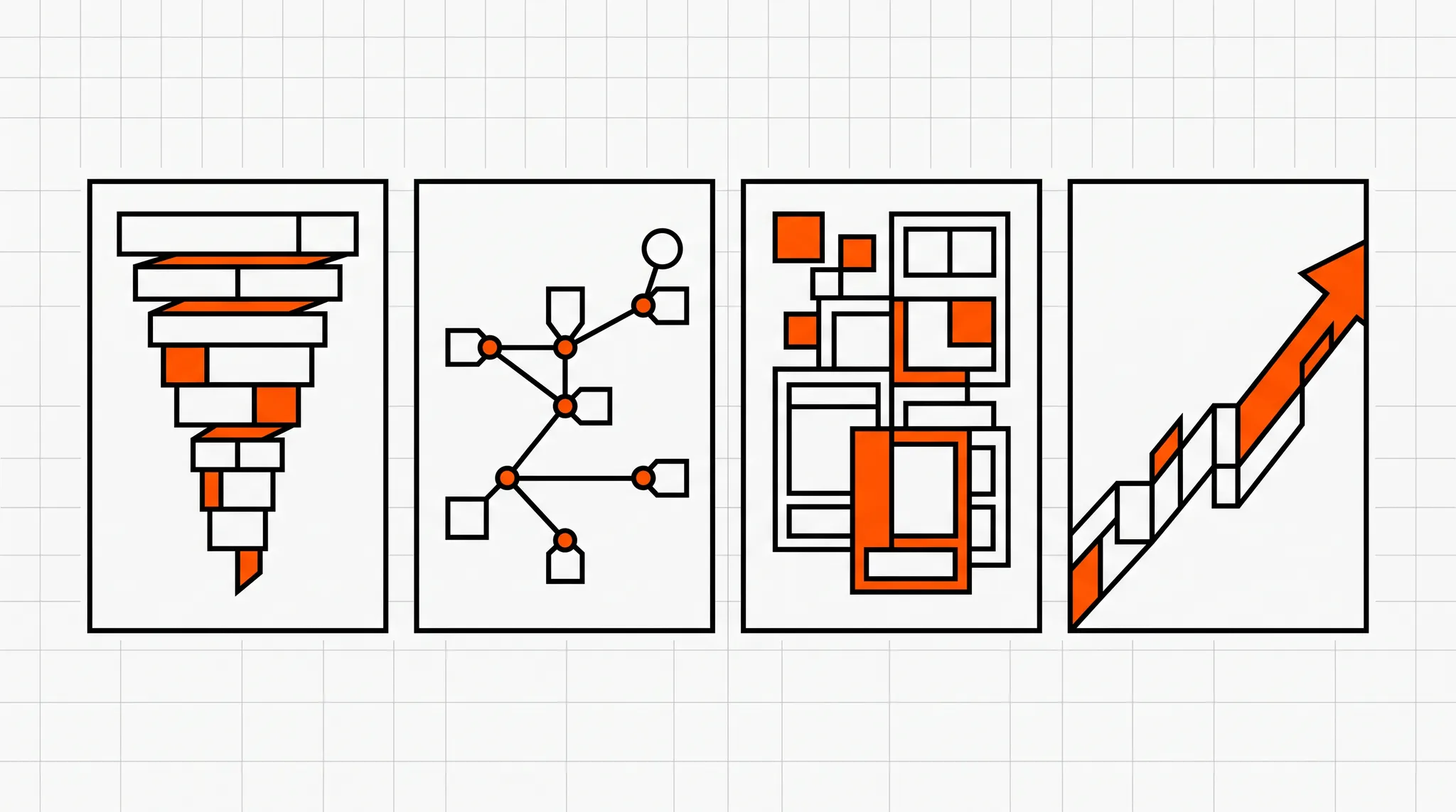 Google Ads case studies shown as four connected panels for funnel quality, conversion signals, account consolidation, and growth